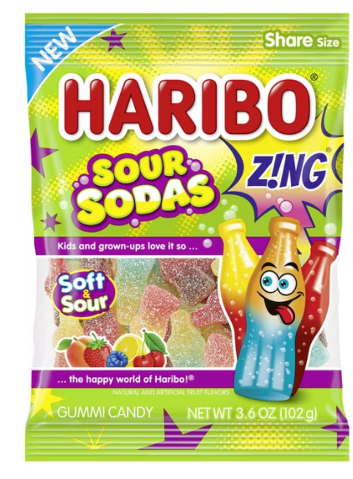 Haribo Sour Soda Gummies Original Assorted Sour Gummy Candy, 3.6 oz Bag