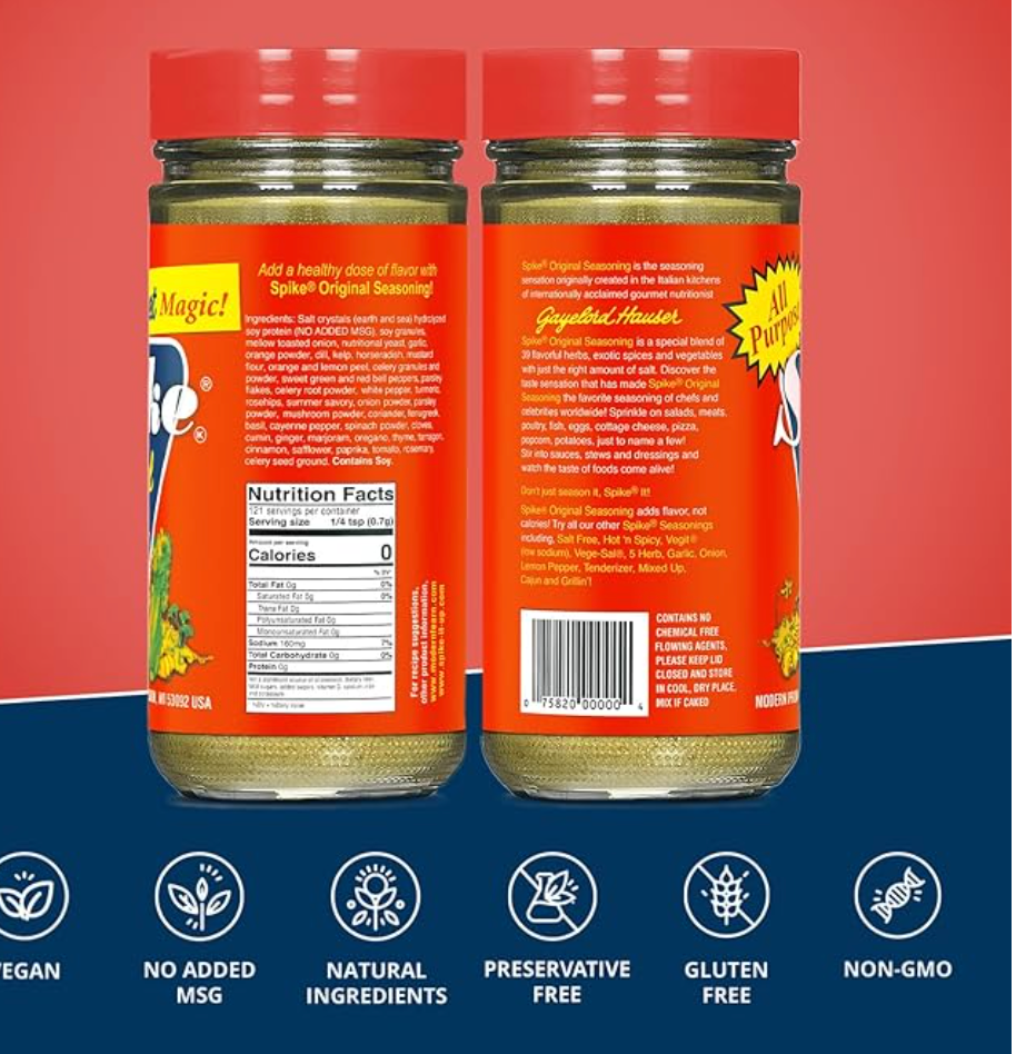 Spike Seasoning, Original Gourmet Magic Seasoning Salt Blend - Seasonings and Spices for Cooking, Popcorn Seasoning, All-Purpose Seasoning for More Flavorful, Healthy Meals, 3 Oz