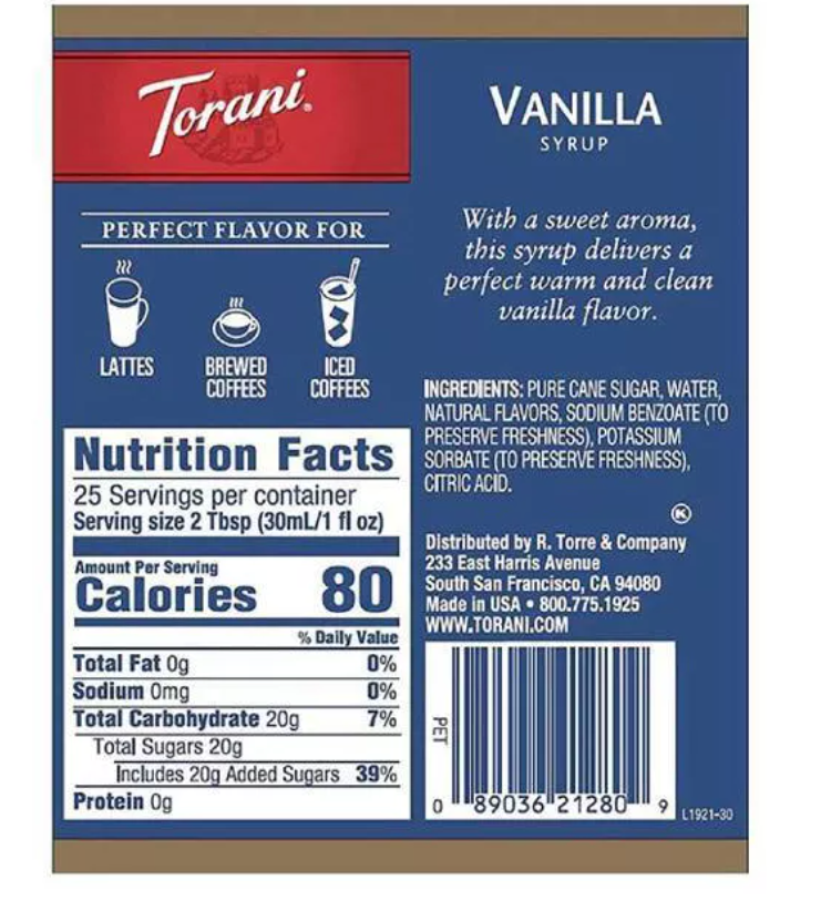 Torani Naturally Sweetened Vanilla Syrup for Coffee Drinks and Desserts - 12.7 fl oz