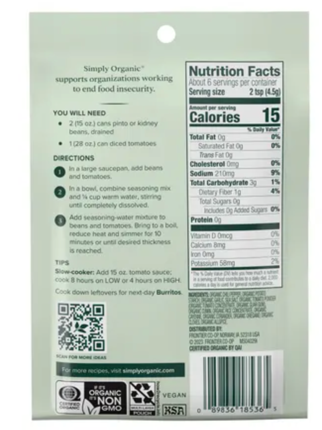 Simply Organic Vegetarian Chili Seasoning Mix 1.0 oz.