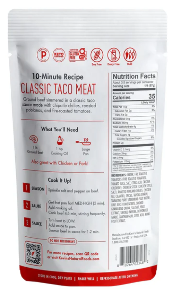 Kevin's Natural Foods - Classic Taco Sauce, Paleo & Keto, 7 Ounces