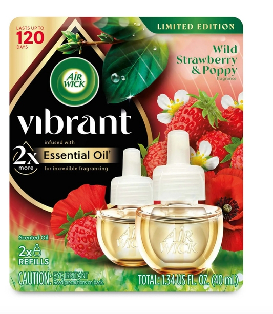 Air Wick Vibrant Plug-In Scented Oil Air Freshener Warmer Refills, Wild Strawberry and Poppy, 2 Count