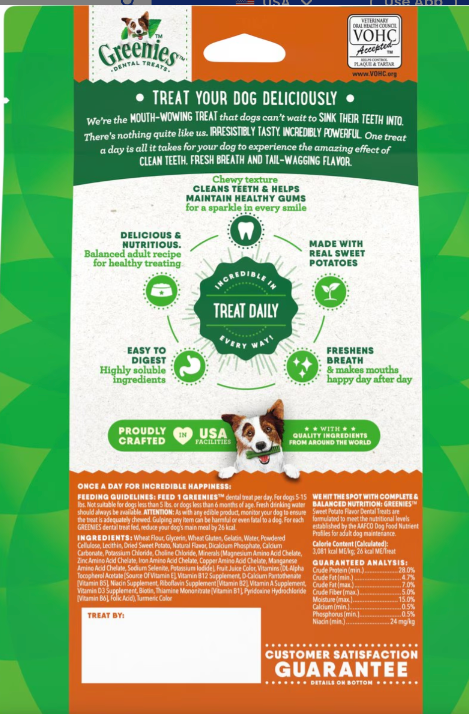 Greenies Teenie Sweet Potato Natural Small Dental Dog Treats, 43 count