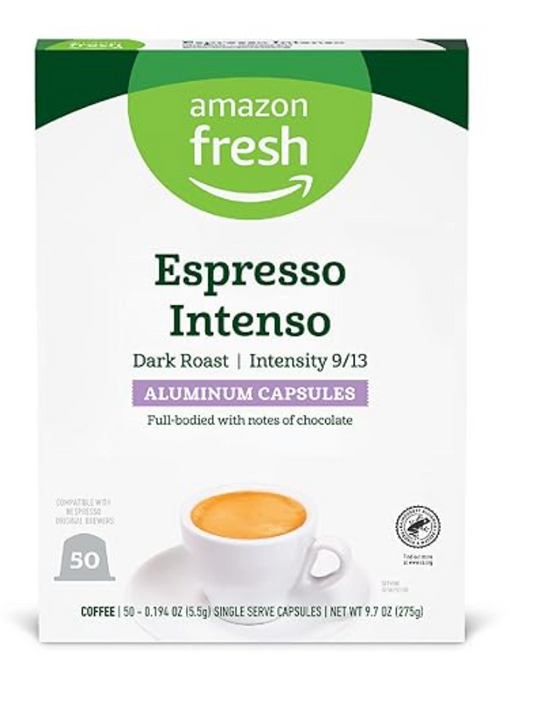 Amazon Fresh Espresso Intenso Dark Roast Aluminum Capsules, Compatible with Nespresso Original Brewers, Intensity 9/13, 50 Count (5 Packs of 10)