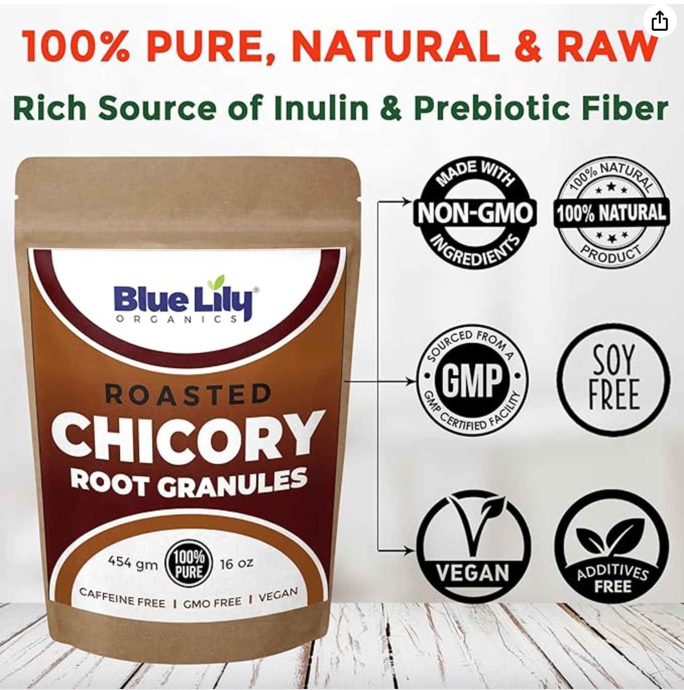Blue Lily Organics Chicory Root Roasted Granules 16 oz (1 Pound), Chicory Coffee Caffeine Free Coffee & Tea Substitute, Inulin & Prebiotic Source