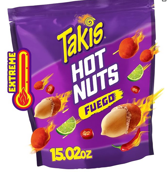 Takis Fuego Hot Nuts 15.02 oz Sharing Size Resealable Bag, Hot Chili Pepper & Lime Flavored Extreme Spicy Double-Crunch Peanuts - Expired Apr 21 2025