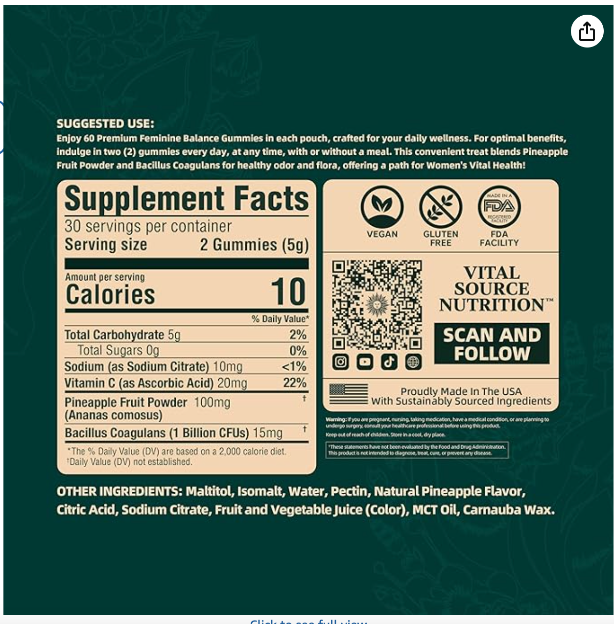 Vital Source Nutrition - Premium Feminine Balance Gummies - for Women’s Health & Wellness - Immune Support - Vegan, Gluten-Free - Hawaiian Pineapple - 60 Gummies - 30 Servings - Expires 1/2027