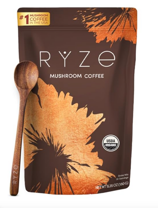 RYZE SUPERFOODS Mushroom Coffee USDA Organic with 6 Adaptogenic Mushrooms and MCT Oil, USA Grown Instant Coffee for Better Energy, Focus, Digestion, Immunity with Lions Mane & Turkey Tail, 30 servings - Expires 08/2026
