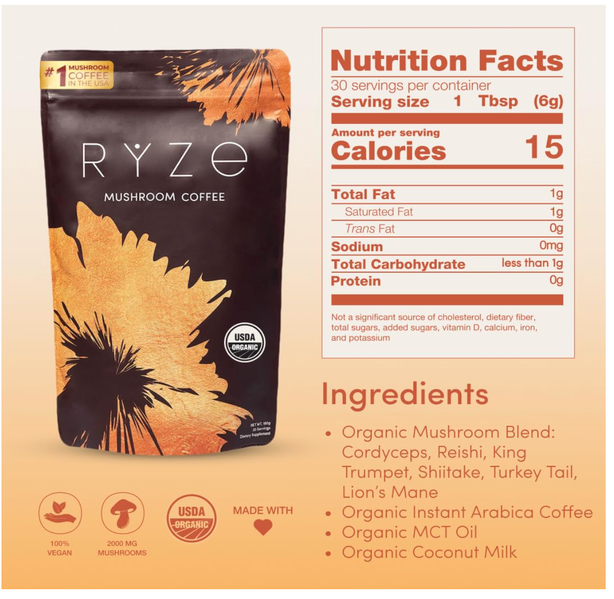 RYZE SUPERFOODS Mushroom Coffee USDA Organic with 6 Adaptogenic Mushrooms and MCT Oil, USA Grown Instant Coffee for Better Energy, Focus, Digestion, Immunity with Lions Mane & Turkey Tail, 30 servings - Expires 08/2026