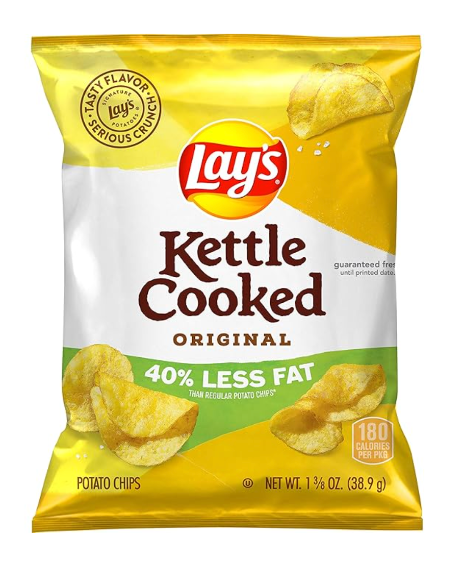 Lay's Kettle Cooked Potato Chips, 40% Less Fat Original, 1.375 Ounce - Single Bag - Expires 7/15/2025