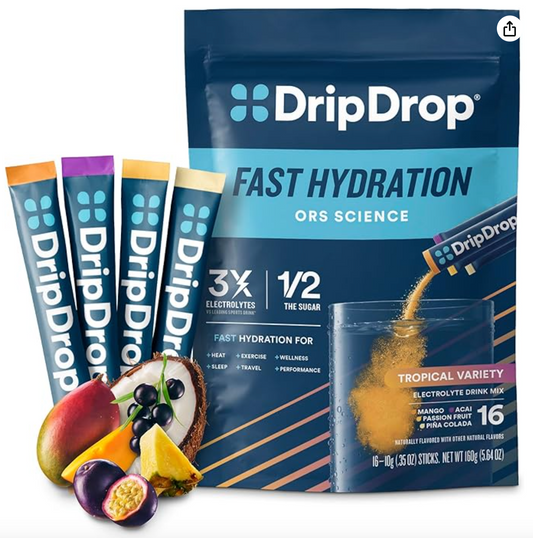 DripDrop Hydration Packets - Tropical Variety Pack - Single Serve Electrolytes Powder Drink Mix - Mango, Açaí, Passion Fruit, Piña Colada - Non-GMO, Gluten Free, Vegan - 16 Sticks - Expires 03/2029
