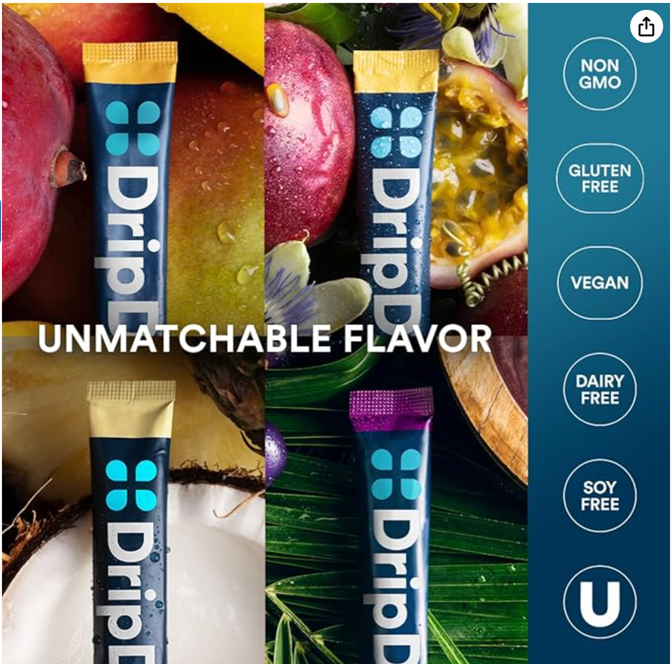 DripDrop Hydration Packets - Tropical Variety Pack - Single Serve Electrolytes Powder Drink Mix - Mango, Açaí, Passion Fruit, Piña Colada - Non-GMO, Gluten Free, Vegan - 16 Sticks - Expires 03/2029