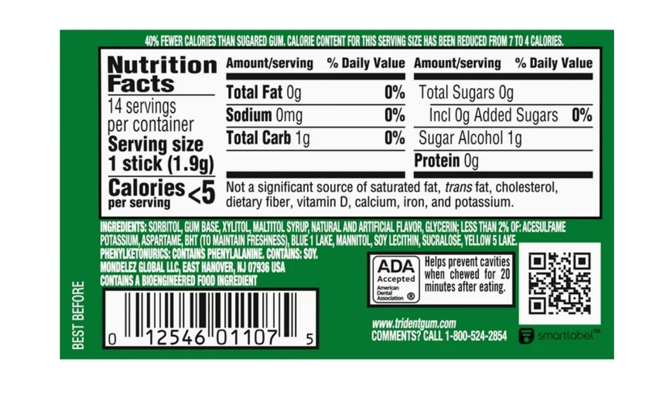 Trident Sugar Free Gum, Spearmint, Regular Size, 14 Pieces