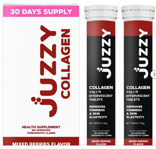 JUZZY Collagen Supplements - 500mg Effervescent Tablets for Radiant Skin, Strong Hair, Nails & Joints - Marine Collagen Peptide Drink with Vitamin E, C & Biotin for Men & Women - 1 Box, 30 Tablets May 07 2026