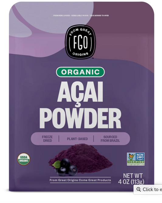 FGO Organic Acai Powder, 4oz Resealable Pouch, Freeze Dried Superfood Berry from Brazil, No Sugar & Additives,Great for Drinks, Smoothie, & Beverages, Non-GMO (Pack of 1) - Expires Nov 2027