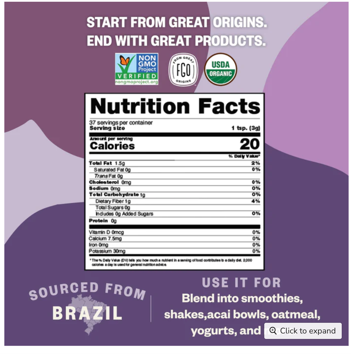 FGO Organic Acai Powder, 4oz Resealable Pouch, Freeze Dried Superfood Berry from Brazil, No Sugar & Additives,Great for Drinks, Smoothie, & Beverages, Non-GMO (Pack of 1) - Expires Nov 2027