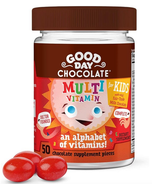 Good Day Chocolate Complete Multivitamin for Kids, Daily Supplement of Vitamins A, B6, B12, C, D, E, Folate and Biotin, Fair Trade and Non-GMO Chocolate, 50 Pieces - 02/28/2027