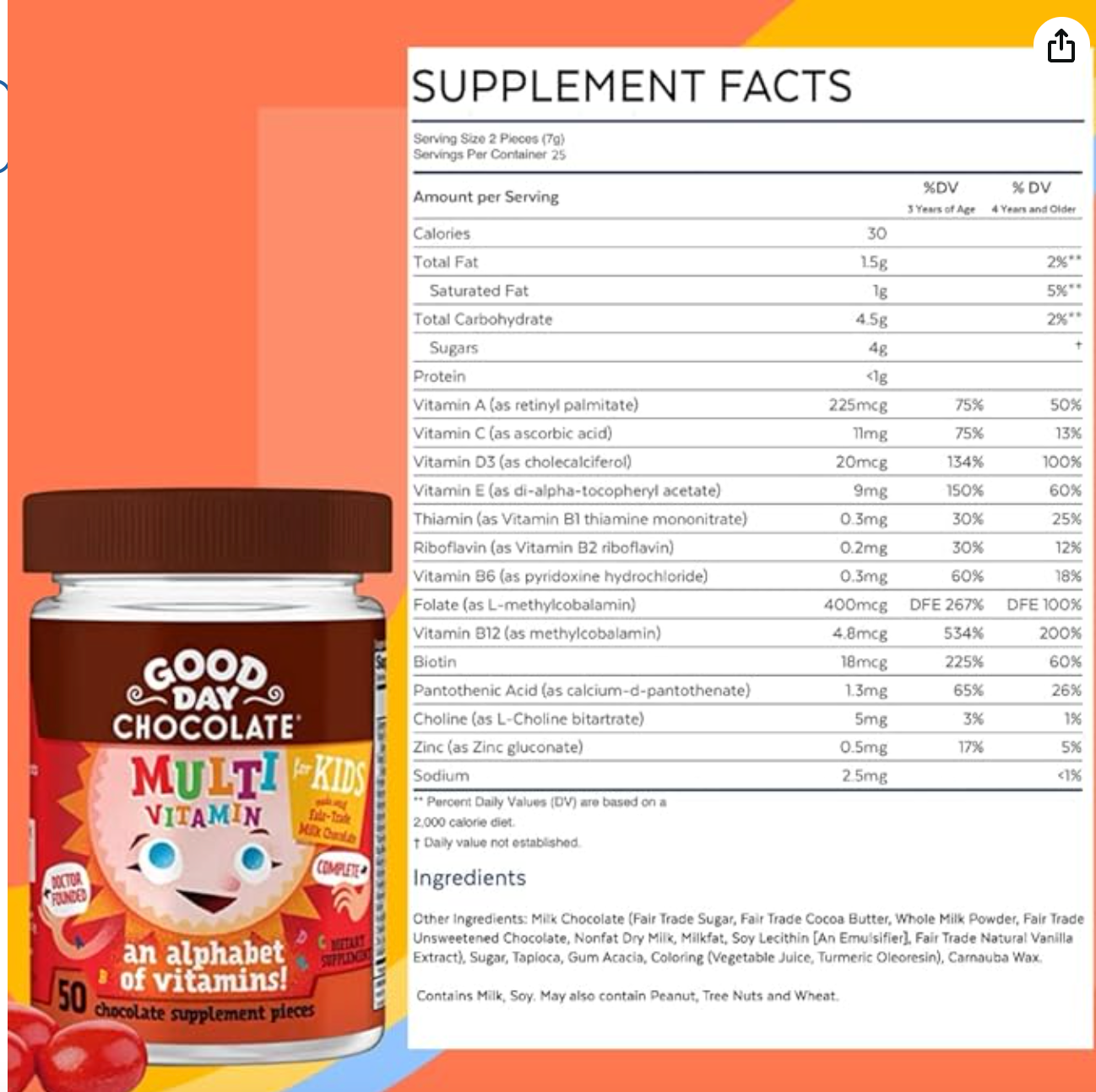 Good Day Chocolate Complete Multivitamin for Kids, Daily Supplement of Vitamins A, B6, B12, C, D, E, Folate and Biotin, Fair Trade and Non-GMO Chocolate, 50 Pieces - 02/28/2027