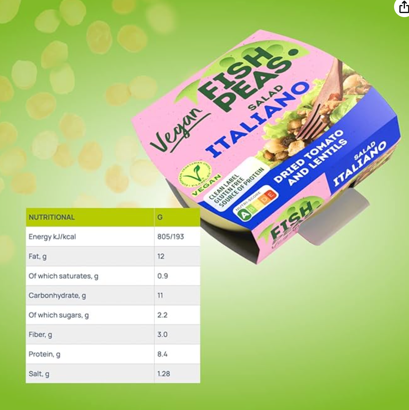 FISH PEAS - Plant Based Vegan Food ITALIANO Salad With Dried Tomato and Lentils. Plant Based Ready to Eat Meals, Gluten Free, Organic, Canned Vegan Meal Replacement - 175g (single pack) - Expires 05/15/2027