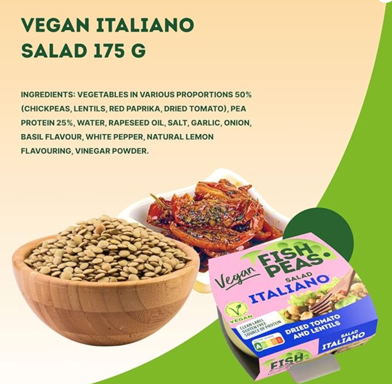 FISH PEAS - Plant Based Vegan Food ITALIANO Salad With Dried Tomato and Lentils. Plant Based Ready to Eat Meals, Gluten Free, Organic, Canned Vegan Meal Replacement - 175g (single pack) - Expires 05/15/2027
