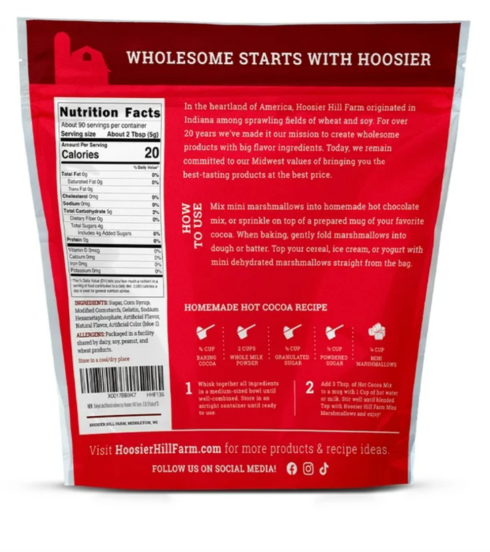 Hoosier Hill Farm Dehydrated Marshmallows, 1 lb Bag, Shelf-Stable - Expires 8/22/2025
