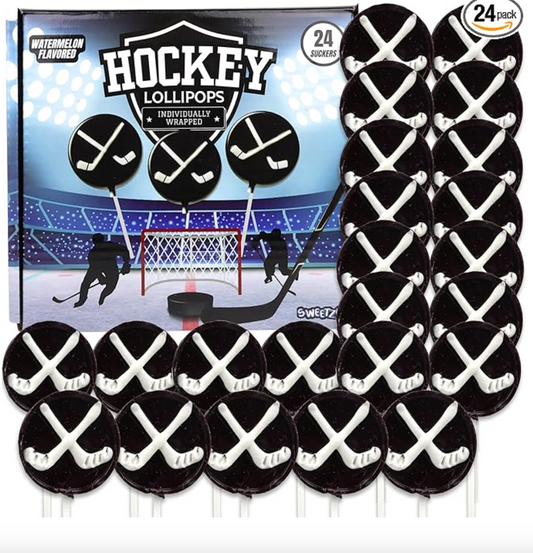 Hockey Puck Lollipops, Individually Wrapped Suckers, End of Year Team Gifts and Candy Party Favors, 24 Count - Expires 10/10/2026