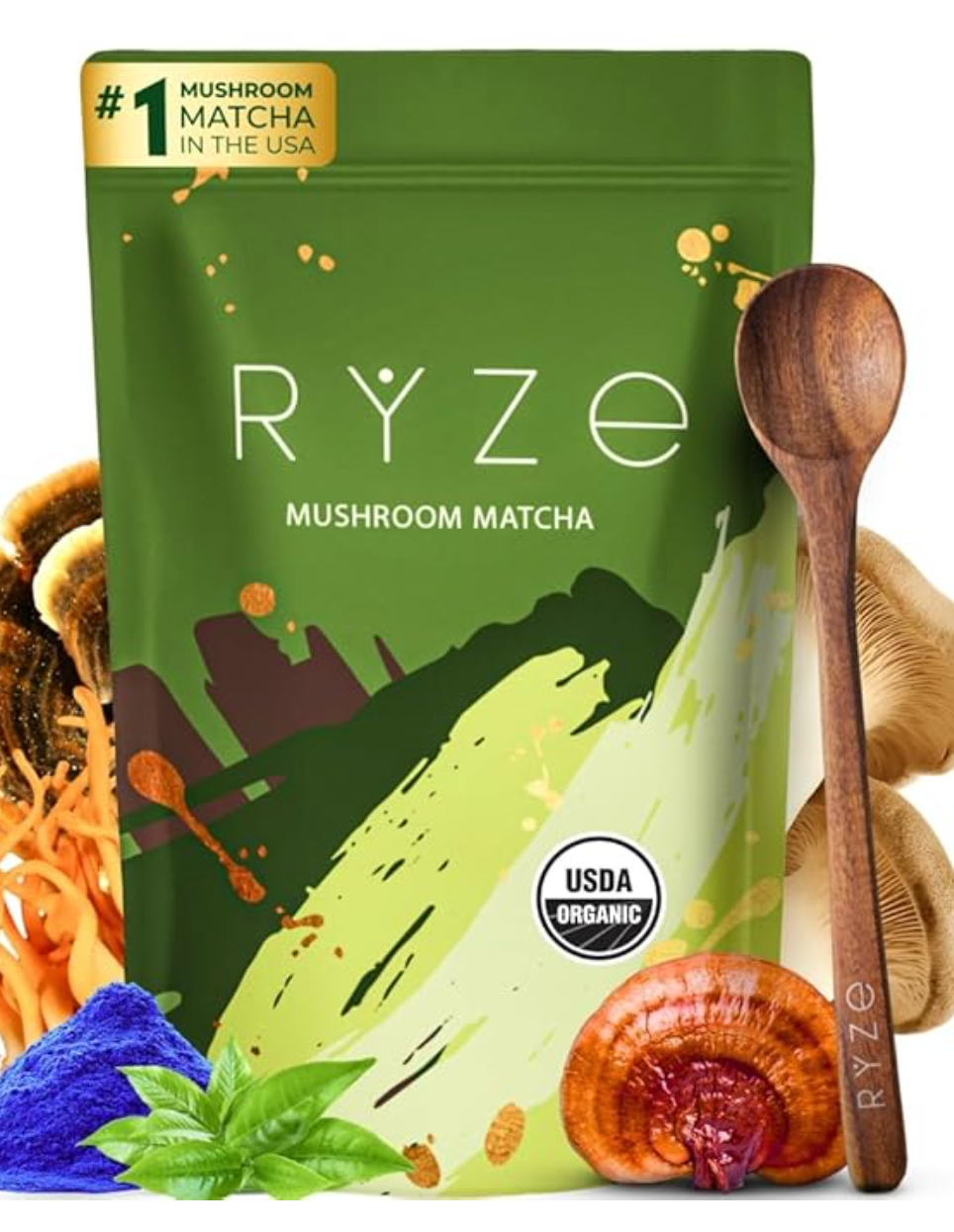 RYZE SUPERFOODS Mushroom Matcha, USDA Organic with 6 Adaptogenic Mushrooms and Ceremonial-Grade Matcha for Energy, Focus, Digestion, Immunity with Turkey Tail, Shiitake, Lion's Mane, 30 servings