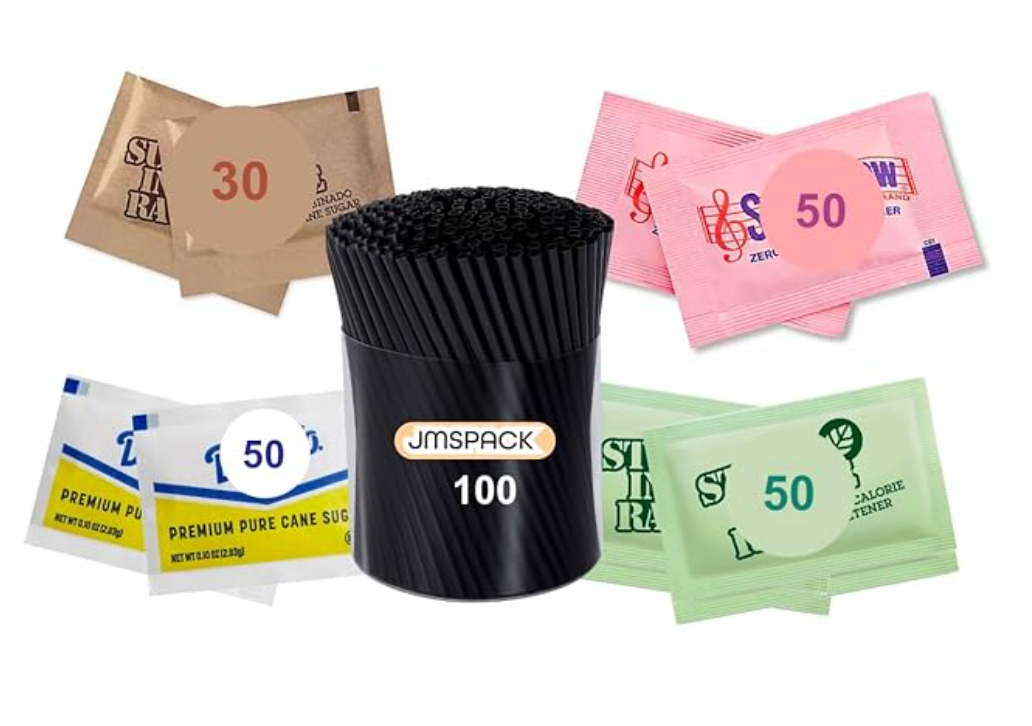 Sugar and Sweeteners Variety Pack , 30 Brown Sugar, 50 Pure Cane Sugar, 50 Stevia Leaf, 50 Pink Sweetener, 100 Plastic Stirrers (280 – Total) Perfect for Coffee, Tea, Baking, Office, Restaurant, sugar and sweetner assortement By JMS PROFESSIONAL.
