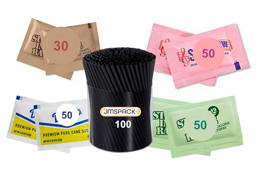 Sugar and Sweeteners Variety Pack , 30 Brown Sugar, 50 Pure Cane Sugar, 50 Stevia Leaf, 50 Pink Sweetener, 100 Plastic Stirrers (280 – Total) Perfect for Coffee, Tea, Baking, Office, Restaurant, sugar and sweetner assortement By JMS PROFESSIONAL.