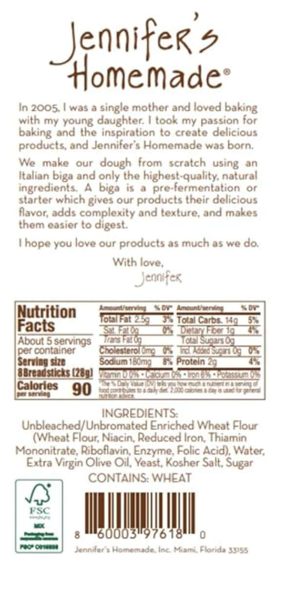 JENNIFERS HOMEMADE Original Breadsticks, VEGAN All Natural, Made with extra virgin olive oil, Crunchy and delicious snack, 5 OZs - Expired July 20 2025