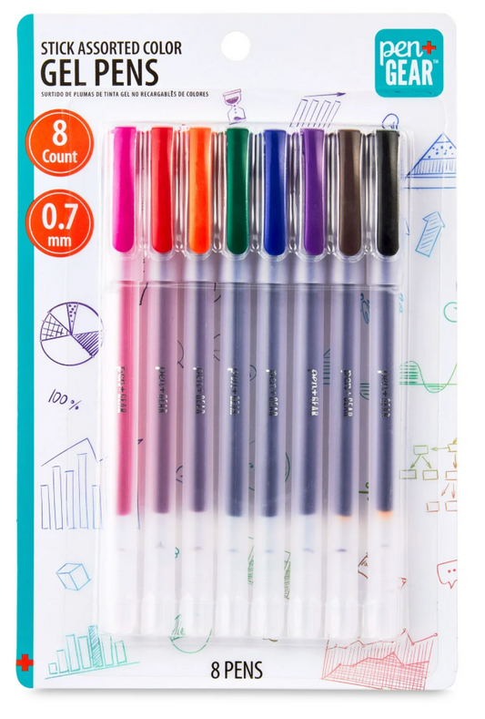 Pen+Gear Gel Stick Pens, Medium Point,0.7mm, Assorted Ink,8Count