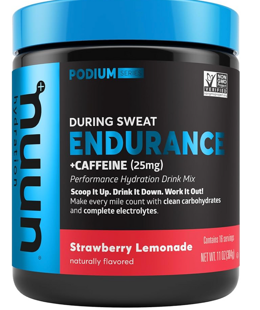 Nuun Hydration Endurance Powder, Strawberry Lemonade + Caffeine, Workout Support, 5 Essential Electrolytes for Hydration + Carbohydrates, Vegan, Non-GMO, (16 Servings - Canister)