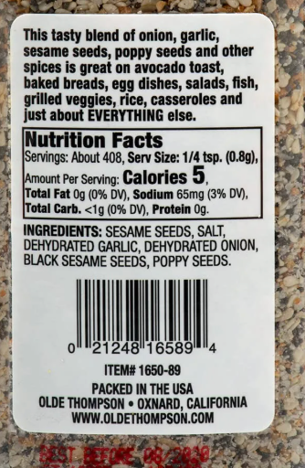 Olde Thompson Everything Bagel Seasoning, Spice And Seasoning Blend 11.5 oz - Expired 01/2025