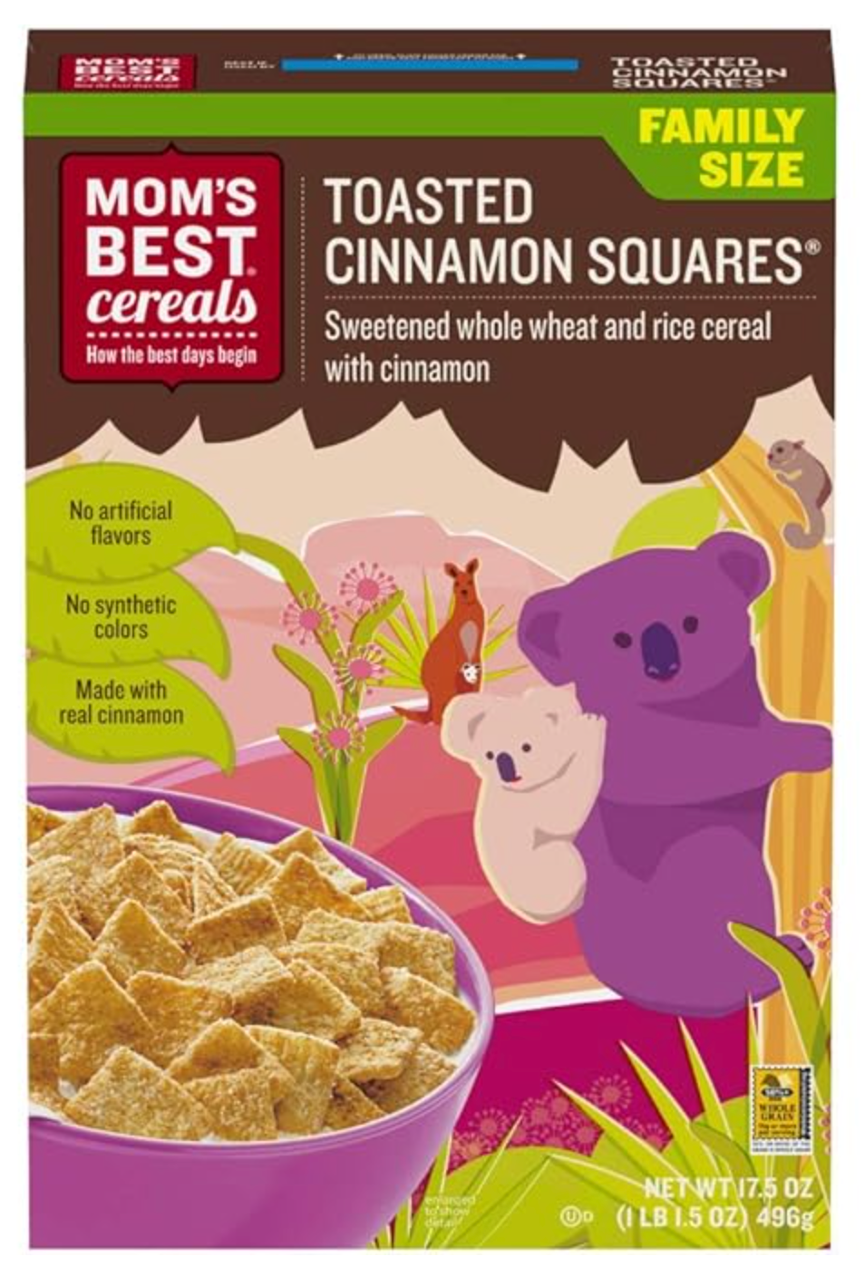 Mom's Best Toasted Cinnamon Squares Cereal, Made with Whole Grain, No High Fructose Corn Syrup, Made with Real Cinnamon, Kosher, 17.5 Oz Box