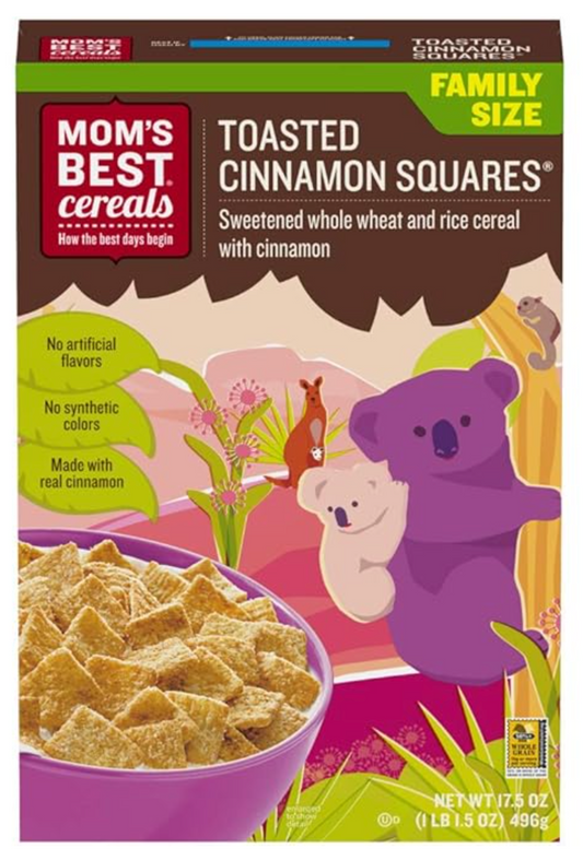 Mom's Best Toasted Cinnamon Squares Cereal, Made with Whole Grain, No High Fructose Corn Syrup, Made with Real Cinnamon, Kosher, 17.5 Oz Box