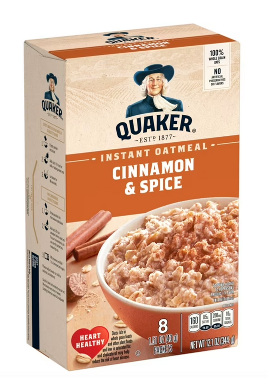 Quaker Cinnamon Spice flavored Instant Oatmeal, 12.1 oz Box - Expires April 03 2026