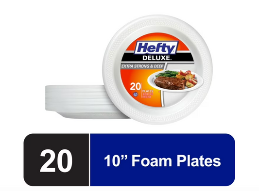 Hefty Deluxe Extra Strong & Deep Foam Plates, Round, White, 10.25 Inch, 20 Count