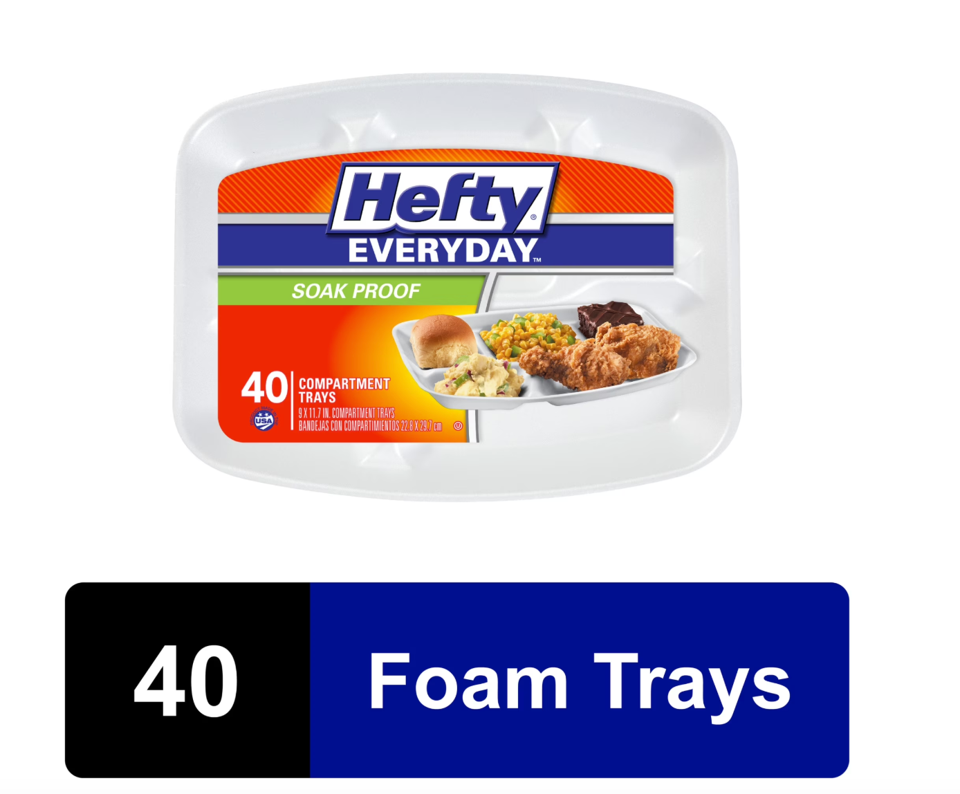 Hefty Everyday Soak-Proof Foam Compartment Tray, White, 9 x 11 Inch, 40 Count