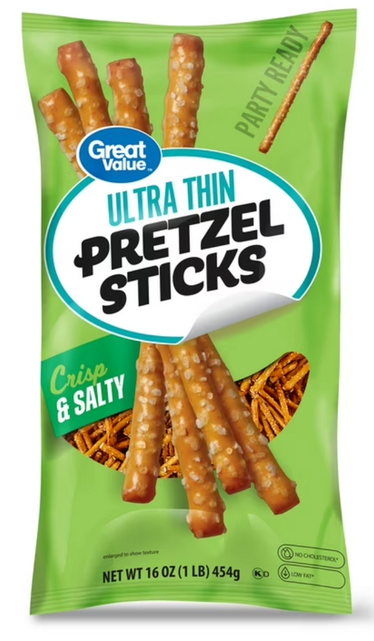 Great Value Ultra Thin Pretzel Sticks, 16 oz Bag - Expires October 4th 2025