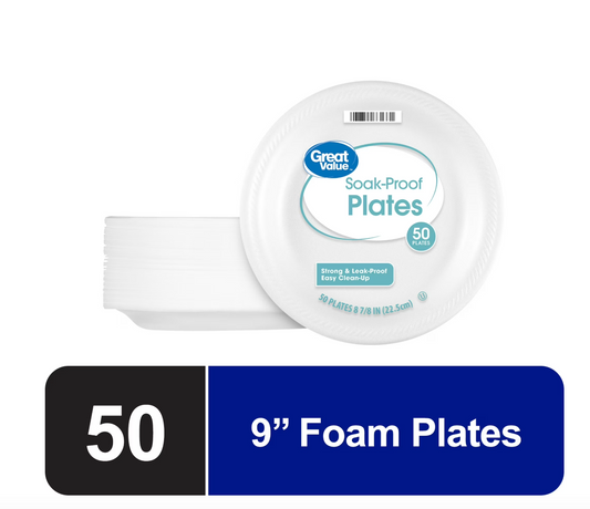 Great Value Soak-Proof Disposable Round Foam Plates, 9 in, 50 Count