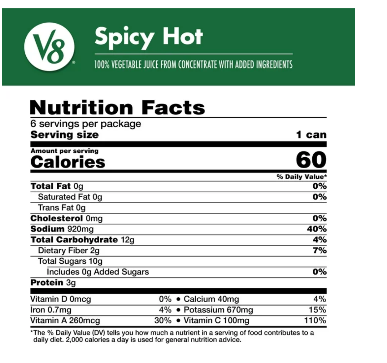 V8 Spicy Hot 100% Vegetable Juice, 11.5 fl oz Can, 6 Count