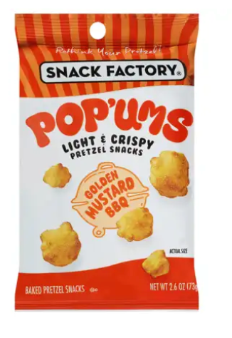 snack factory pop'ums light & crispy baked golden mustard bbq pretzel snacks, 2.6 oz (73 g)