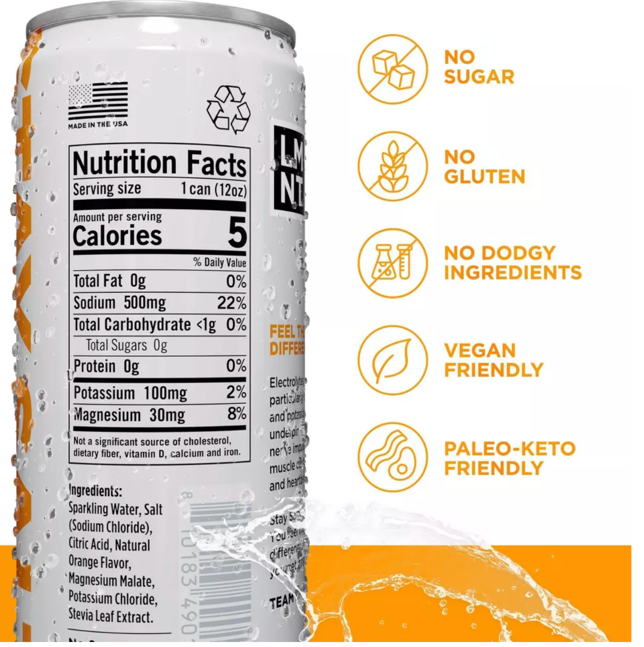 LMNT Zero Sugar Orange Electrolyte Drink - 12 fl oz Can