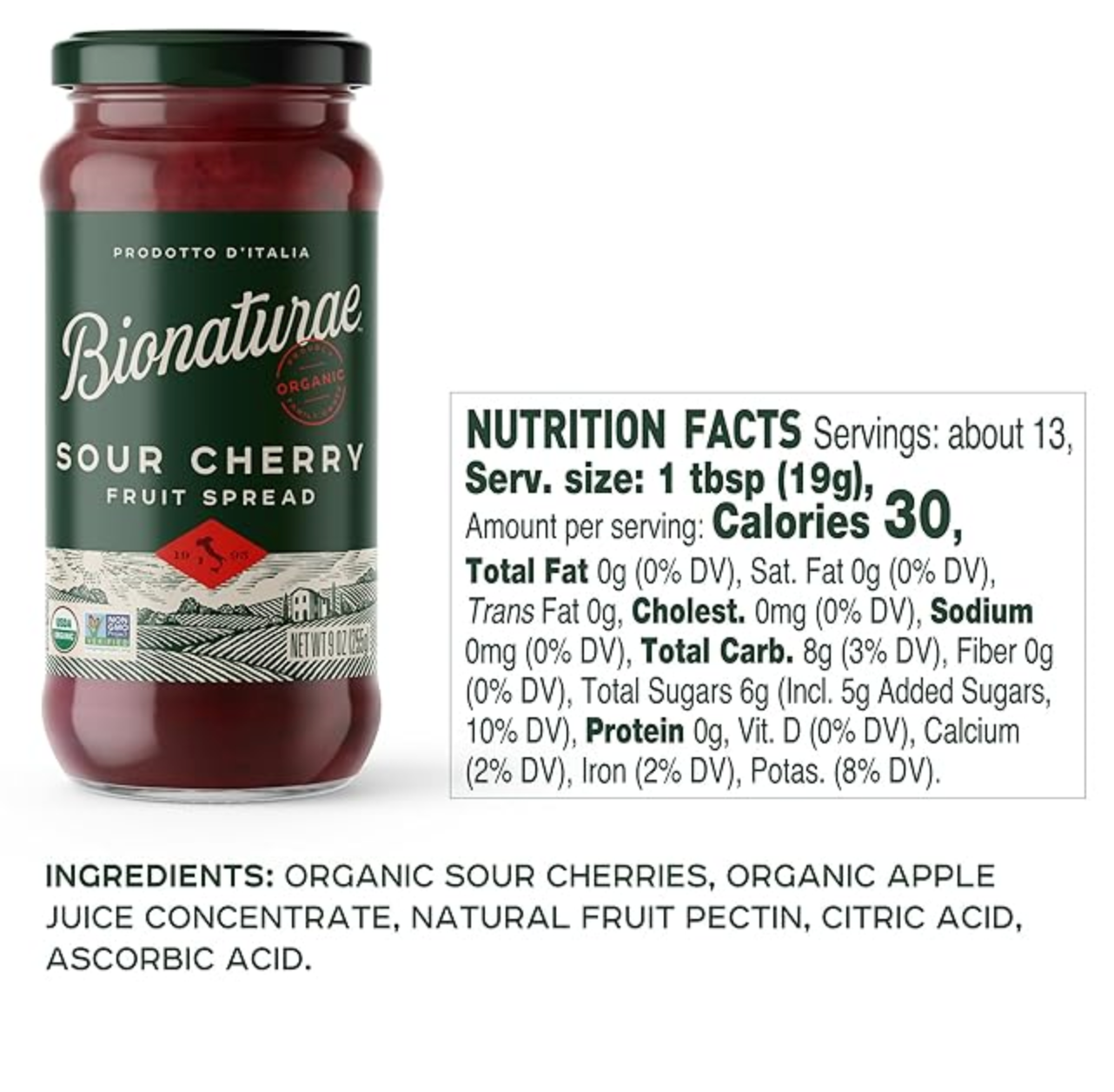 Bionaturae Organic Sour Cherry Fruit Spread - Jelly Organic, Non-GMO, USDA Certified, No Sugar Added, No Preservatives, Organic Fruit Jam, Jam Organic, Made in Italy - 9 Oz