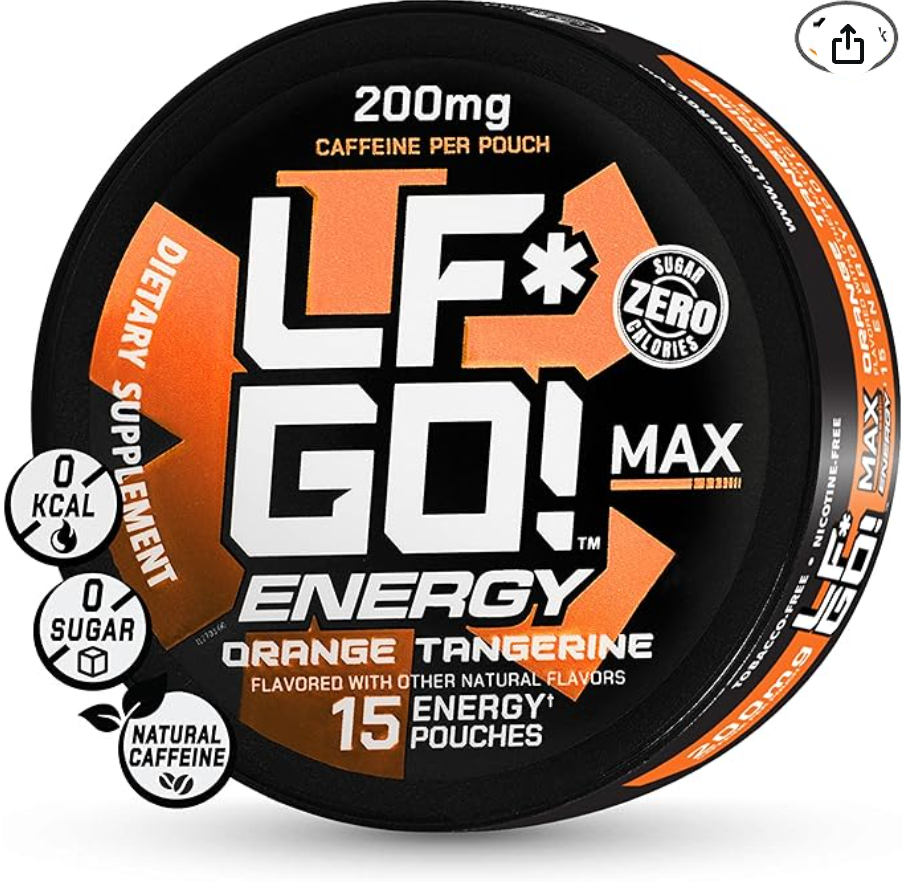 LF*GO! Energy Pouches | Caffeine Pouches | 6 Essential Vitamins and Minerals | Orange Tangerine | 200 mg Natural Caffeine | 0 Calories | 0 Sugar | 15 Pouches Per Can | 1 Can