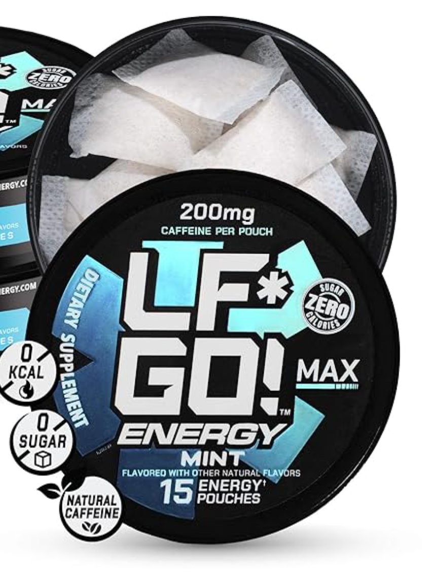 LF*GO! Energy Pouches | Caffeine Pouches | 6 Essential Vitamins and Minerals | Mint | 200 mg Natural Caffeine | 0 Calories | 0 Sugar | 15 Pouches Per Can