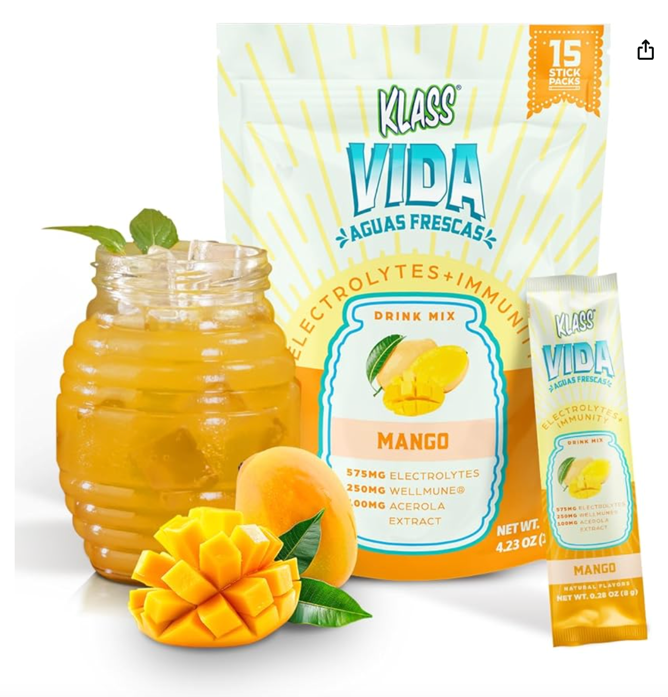 Hydration + Immunity Electrolyte Drink Mix – Mango Agua Fresca Flavor | Sugar-Free Powder with Wellmune®, Acerola, Coconut Water & Minerals | 15 Single-Serve Stick Packs, Natural Flavor