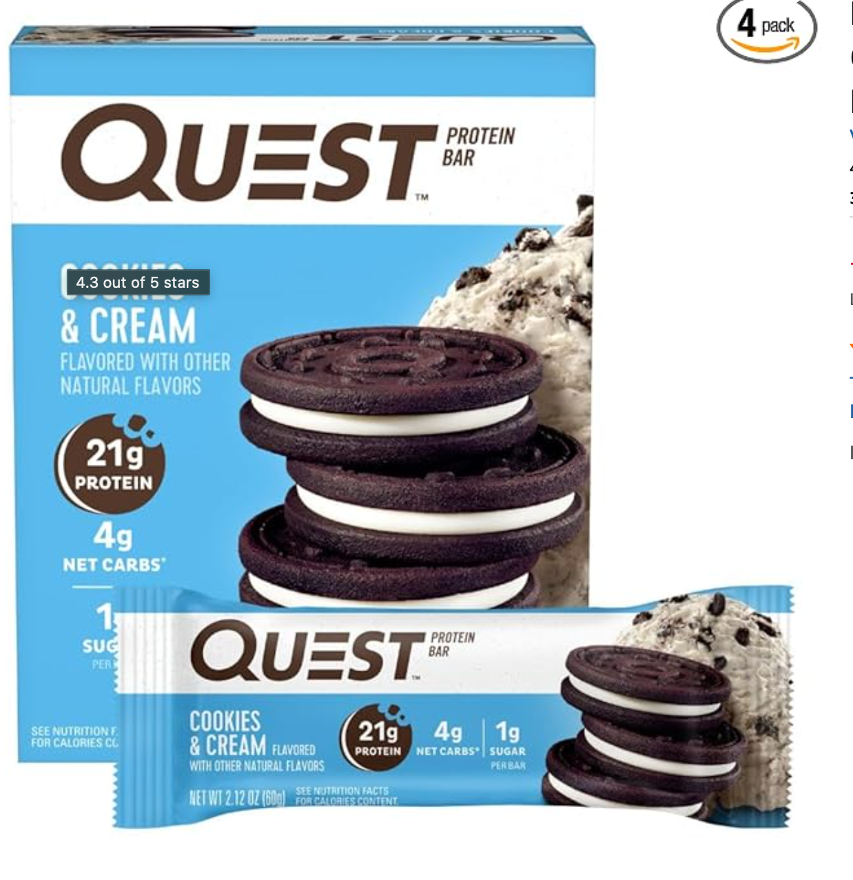Quest Nutrition Cookies & Cream Protein Bars, 21g Protein, 4g Net Carbs, 1g Sugar, Gluten Free, Keto Friendly, 4 Count - expired 07/18/2025