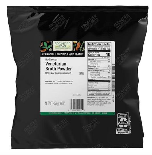 Frontier Co-op Vegetarian Broth Powder, 1lb - Vegan, No-Chicken, Veggie Alternative to Bouillon Powder - Bulk Bag, Shaker Refill, Restaurant Supply - Expired Aug 2025