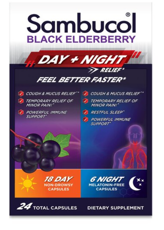 Sambucol Day+Night Cough Relief Capsules, Black Elderberry, 24 CT - expires 04/2027